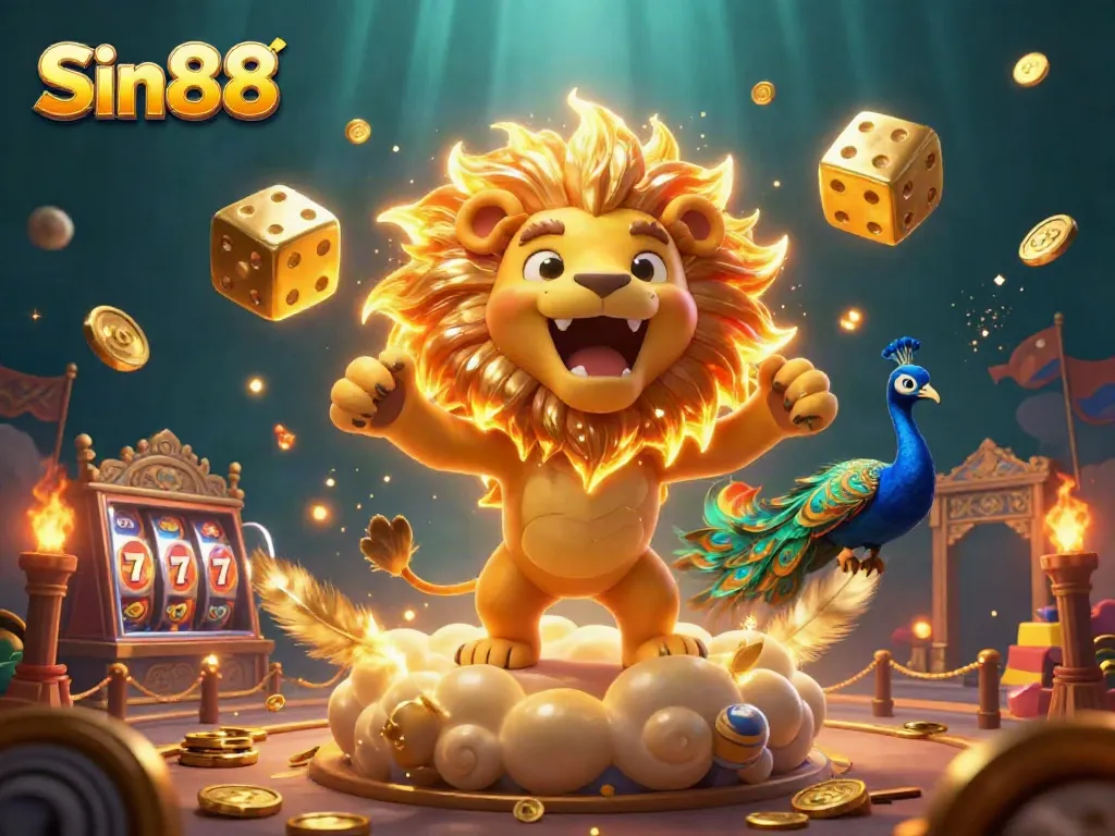 Win big with Sin88 in this vibrant online casino scene featuring slot reels and a dynamic atmosphere.
