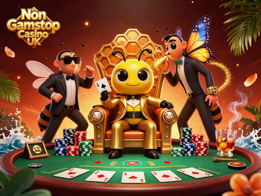 Engage with Non Gamstop Casino UK through an exciting scene featuring a bumblebee mob boss and poker elements.