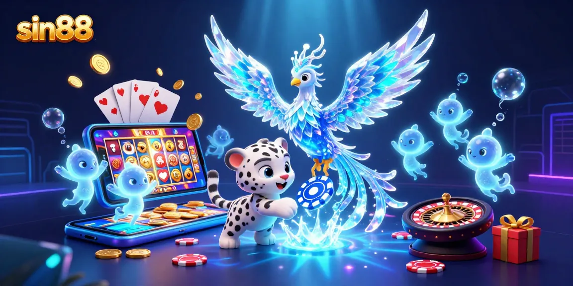 Experience sin88 with an engaging 3D casino scene featuring characters playing poker amidst casino elements.