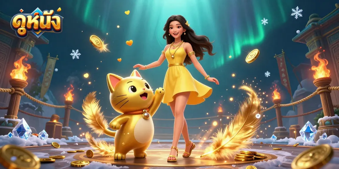 Experience ดูหนัง with an engaging 3D scene featuring a cheerful woman and a lucky cat in a vibrant casino setting.