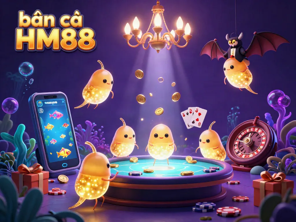 Engage in bắn cá HM88 with vibrant glowworms lighting an underwater casino, showcasing a lively game atmosphere.