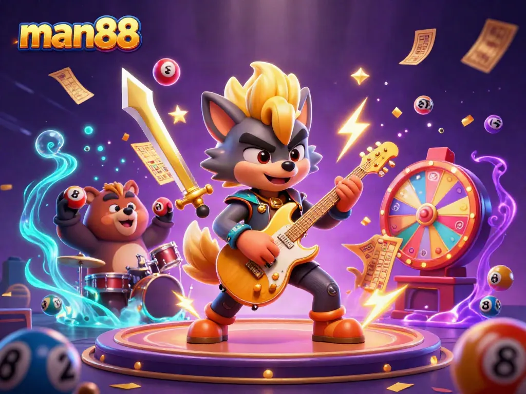 Experience the excitement of man88 with a rock star wolf and drummer bear on stage amidst lottery balls and confetti