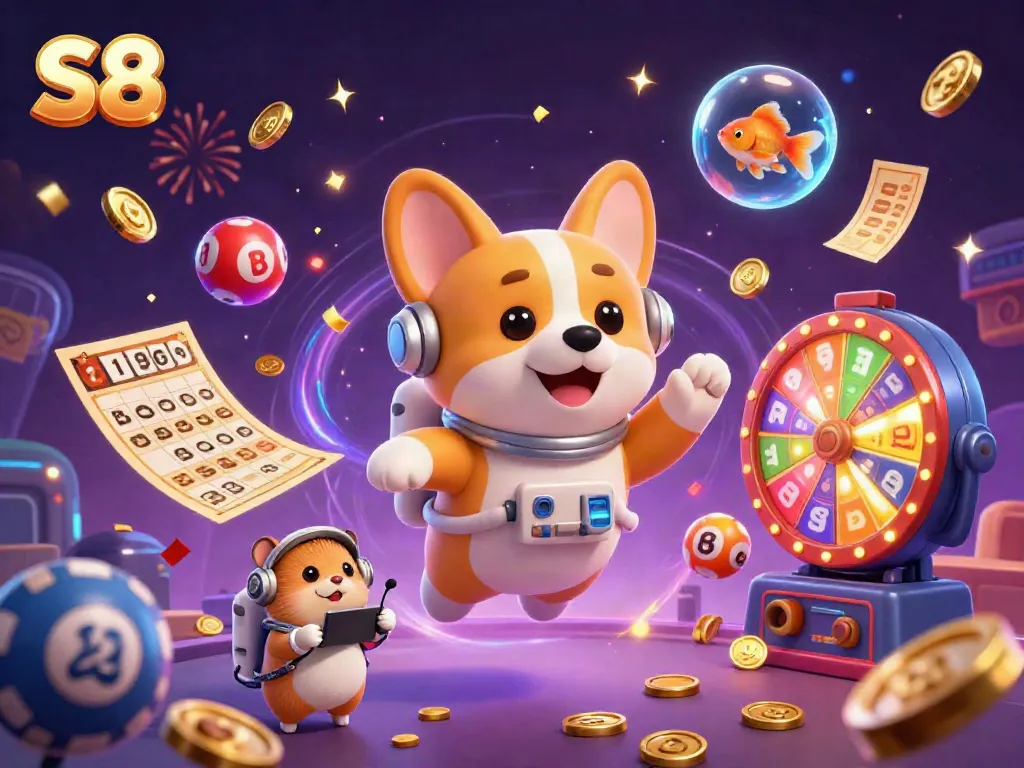Experience S8's exciting space casino scene with floating gambling elements and engaging characters.