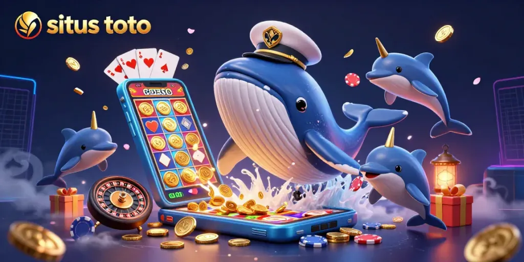 Situs toto gaming scene with a whale and dolphins amidst vibrant casino elements