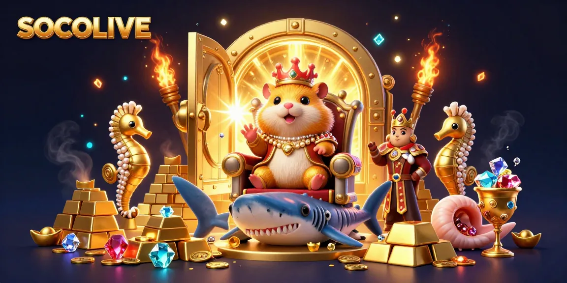SOCOLIVE showcases a golden hamster king on a megalodon tooth throne amidst treasure, embodying a vibrant casino theme.