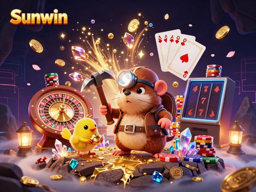 Experience excitement at Sunwin with a dynamic illustration of a treasure hunter mole amidst cascading coins and vibrant casino elements.