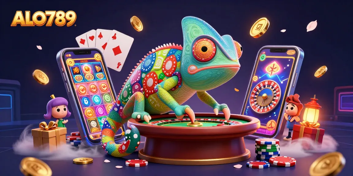 Engage with ALO789 gaming excitement in this vibrant casino scene featuring slot games and poker.