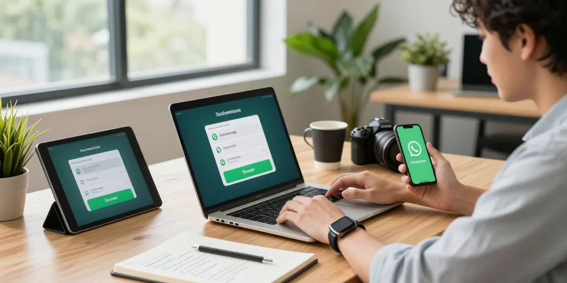 Downloading WhatsApp下載 on a modern laptop with smartphone notifications in a vibrant workspace.