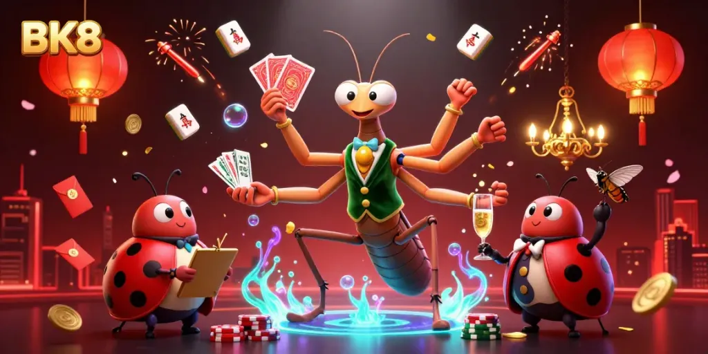 Experience exciting gameplay at BK8 with a giant mantis dealer showcasing cards and fortune symbols.