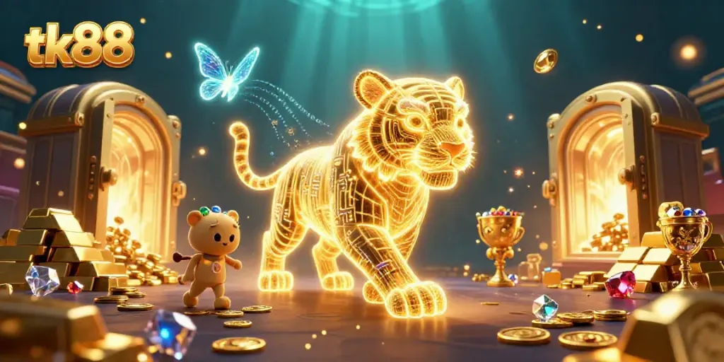 Experience thrilling gameplay with tk88's dynamic casino scene featuring a neon tiger and treasures