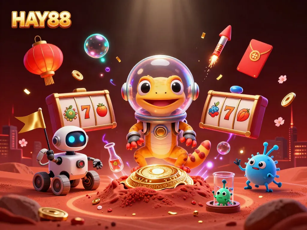 Engage in HAY88's immersive games with a Martian gecko discovering a golden casino.