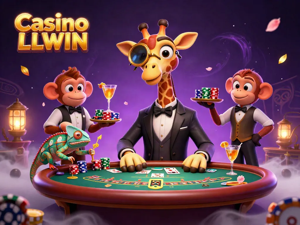 Experience the thrill at Casino LLWIN with high-roller giraffe at a poker table surrounded by colorful gaming elements.