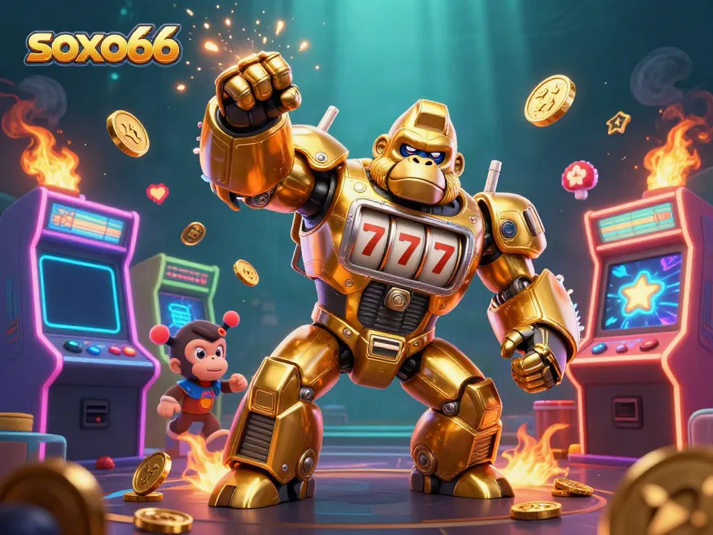 Soxo66 showcases a dynamic scene with a golden gorilla mech, vibrant arcade elements, and thrilling casino motifs.