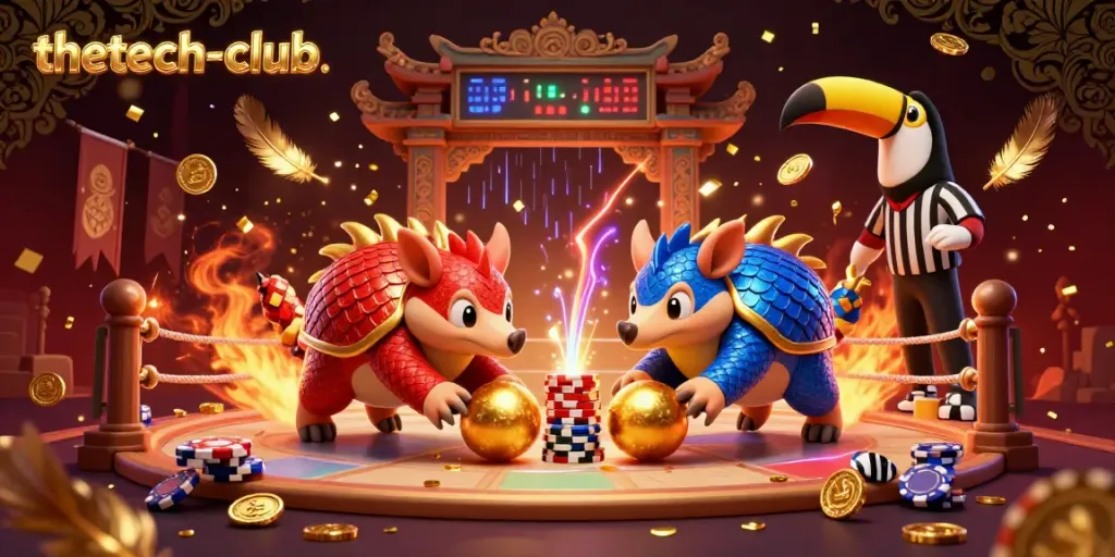 Thetech-club pangolins battle through poker chips in an animated 3D casino scene, showcasing their betting strategies.
