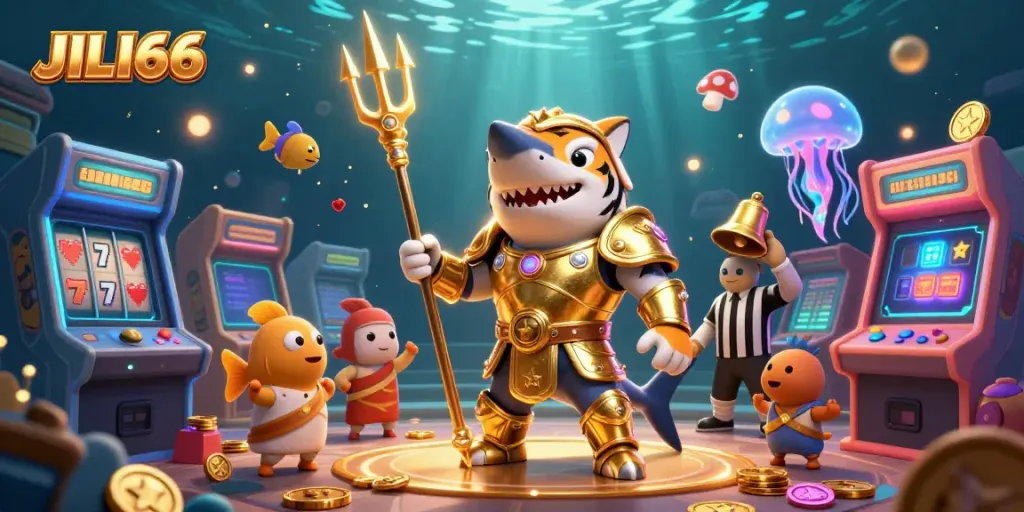 Engage in thrilling underwater gameplay at JILI66 with a shark champion, arcade elements, and casino gold.
