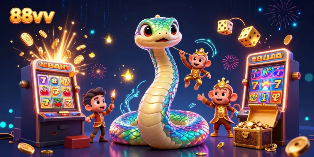 Engage in the vibrant world of 88vv with a dynamic scene of a rainbow serpent and winning slot machine.