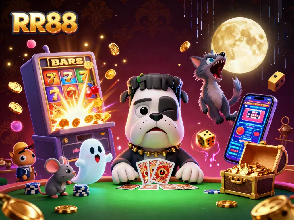 RR88 features a Frankenstein bulldog dealing cards at a spooky casino table, surrounded by vibrant game elements.