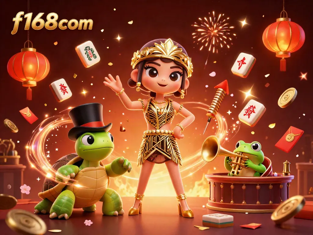 Engage with F168com through an immersive 3D casino scene featuring vibrant characters and festive elements.