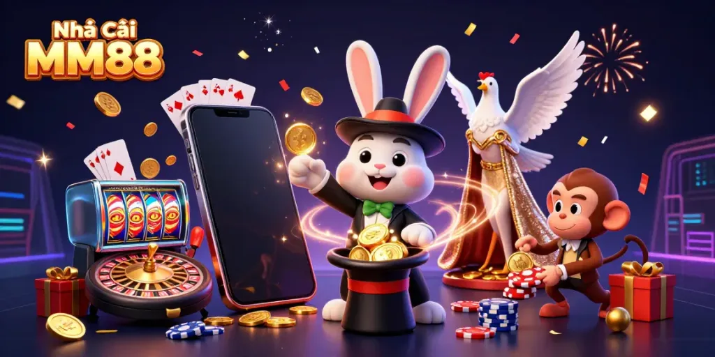 Experience the vibrant energy of Nhà cái MM88 with a magical casino scene featuring a whimsical rabbit, a dove, and a playful monkey creating excitement.