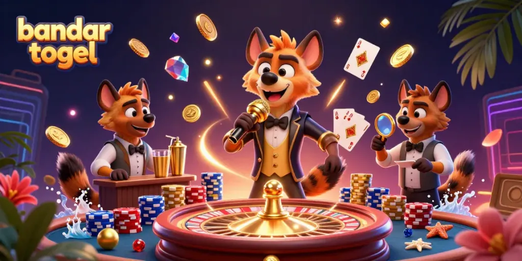 Experience the lively atmosphere of bandar togel with hyenas in a vibrant casino scene filled with golden coins.