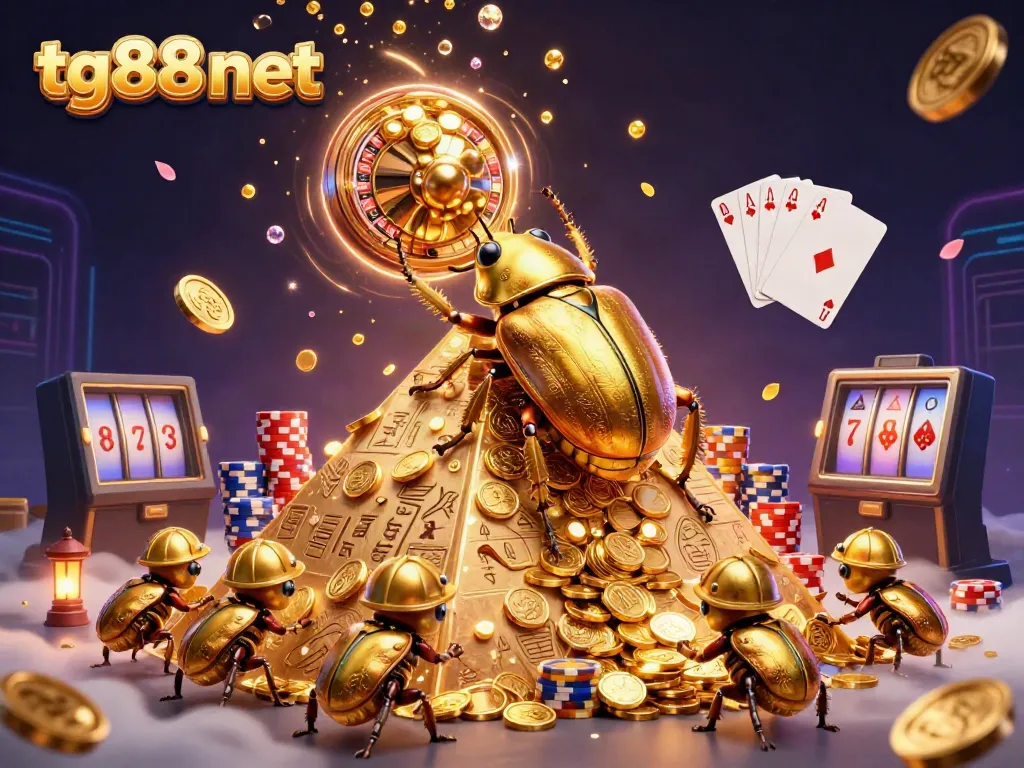 Experience the vibrant world of tg88 net with dynamic casino elements and a golden beetle theme.