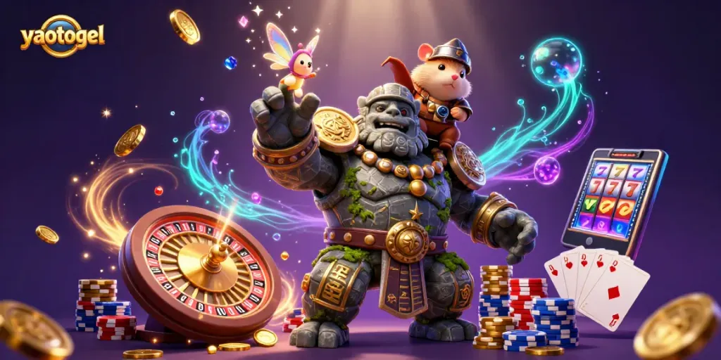 Experience the magic of yaotogel with glowing coins, cards, and vibrant 3D casino characters.