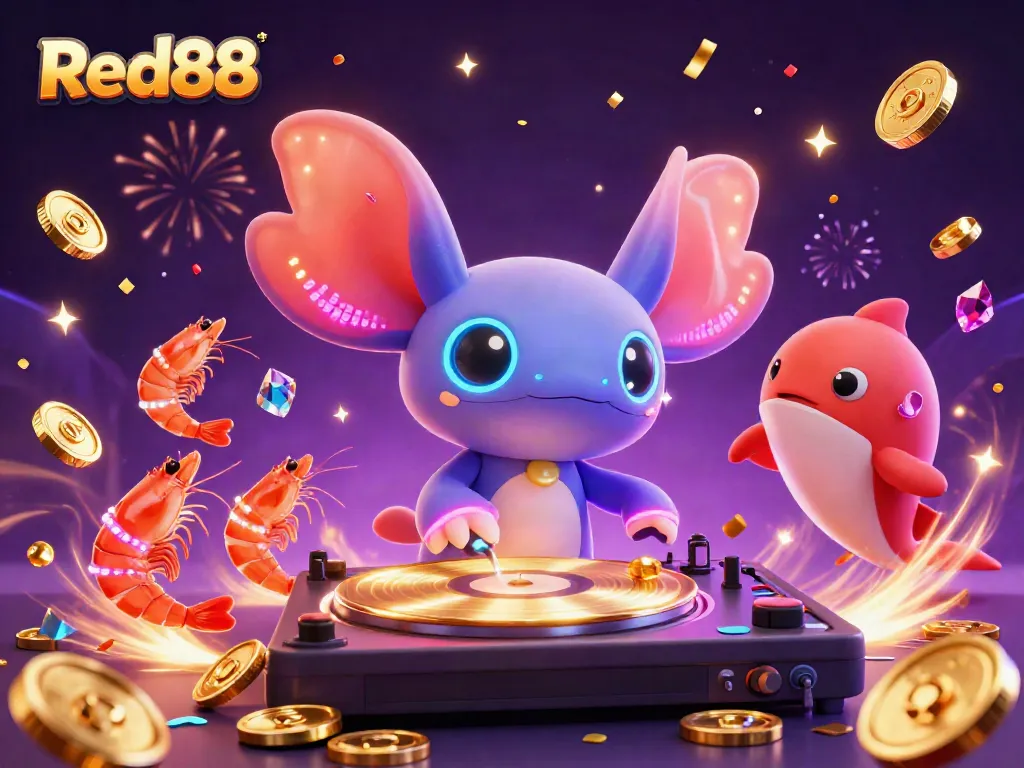 Engage in vibrant gaming fun at Red88 with a neon axolotl DJ, shrimp dancers, and sparkling treasures!