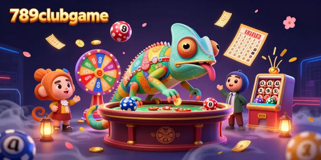 Experience the thrilling 789clubgame with a vibrant chameleon casino owner, spinning prizes, and lottery excitement.