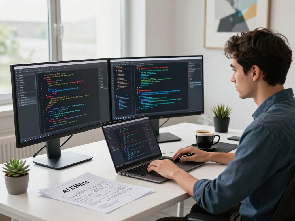 AI programming workspace illustrating nsfw ai development with multiple monitors and design tools.