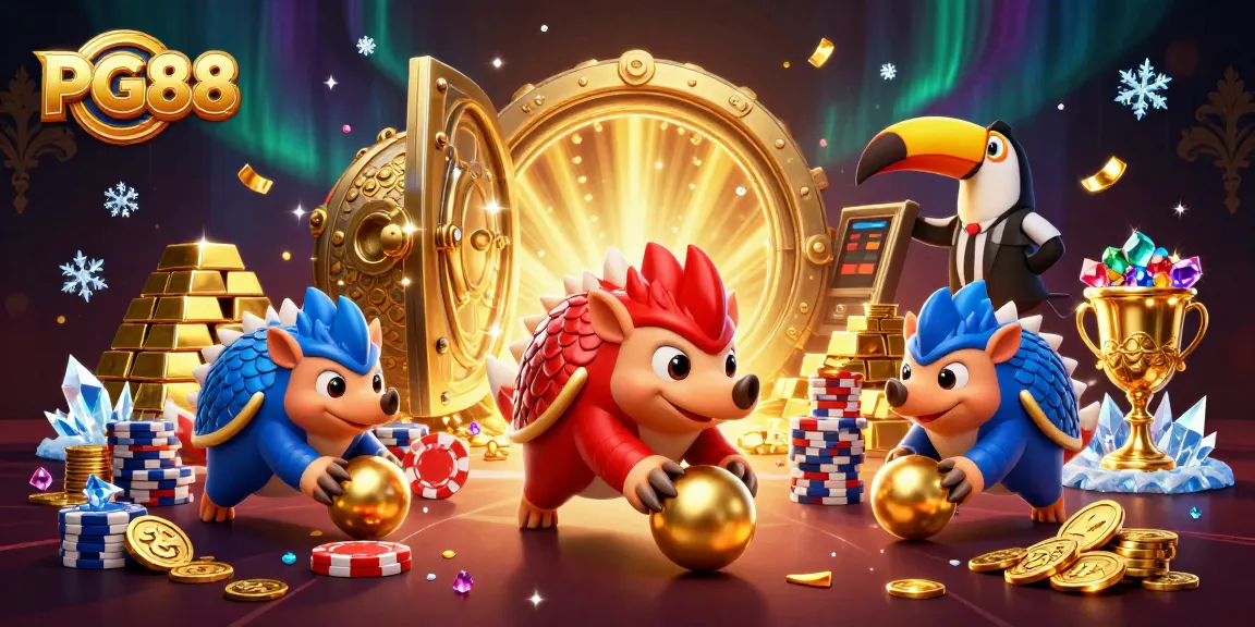 Engaging PG88 scene of rival pangolins bowling poker chips, showcasing excitement and luxury in a casino environment.