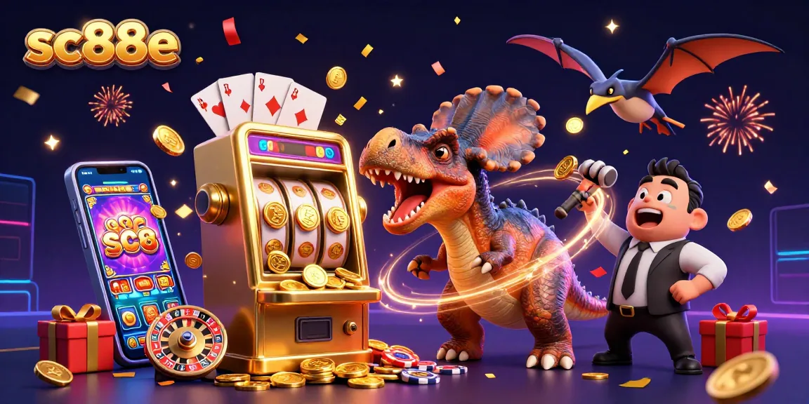 sc88e illustration of a dinosaur jackpot celebration in a vibrant casino scene