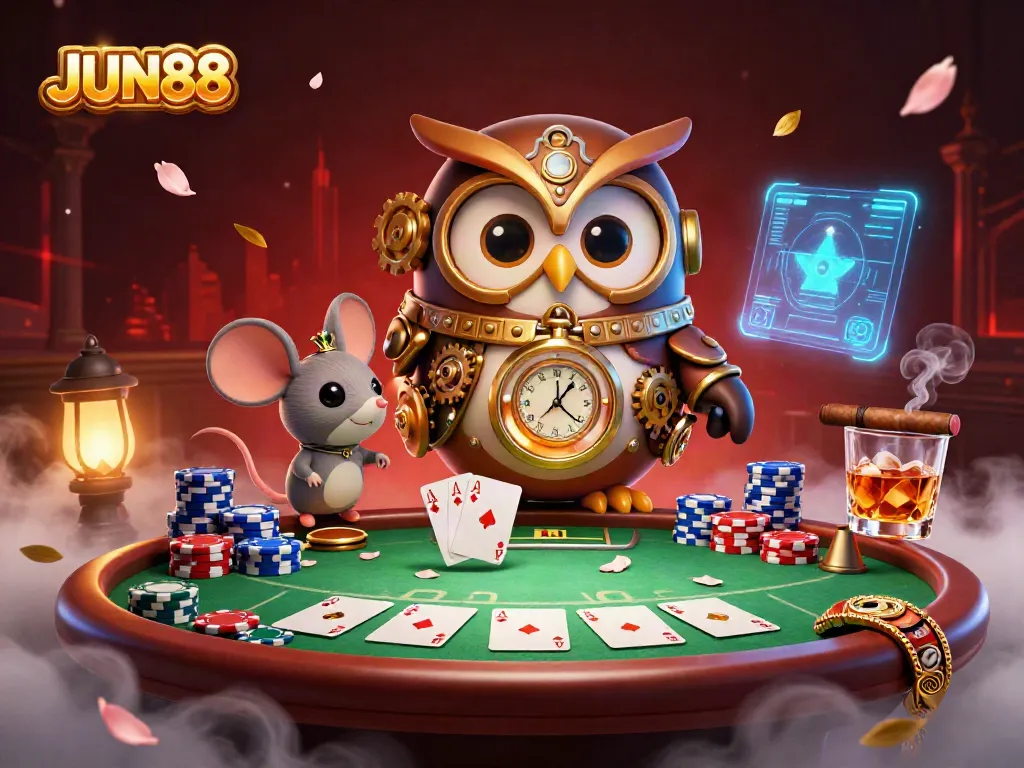 Experience thrilling gaming at JUN88 with a steampunk owl and a clockwork mouse in a vibrant casino scene.