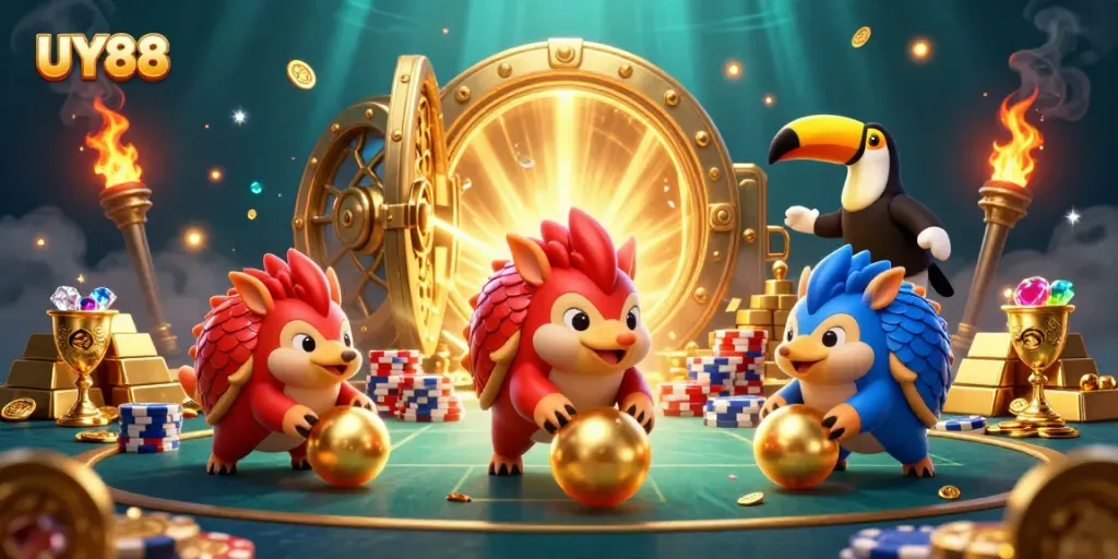 Experience thrilling UY88 gameplay with cartoon pangolins in a vibrant casino scene.