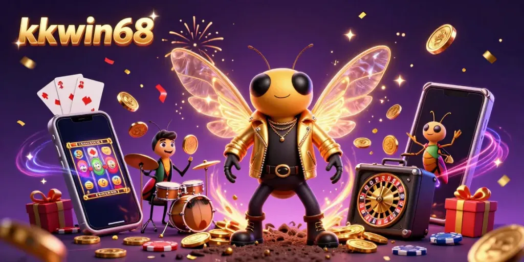 Experience the vibrant kkwin68 casino atmosphere with a lively scene featuring colorful game elements and characters.