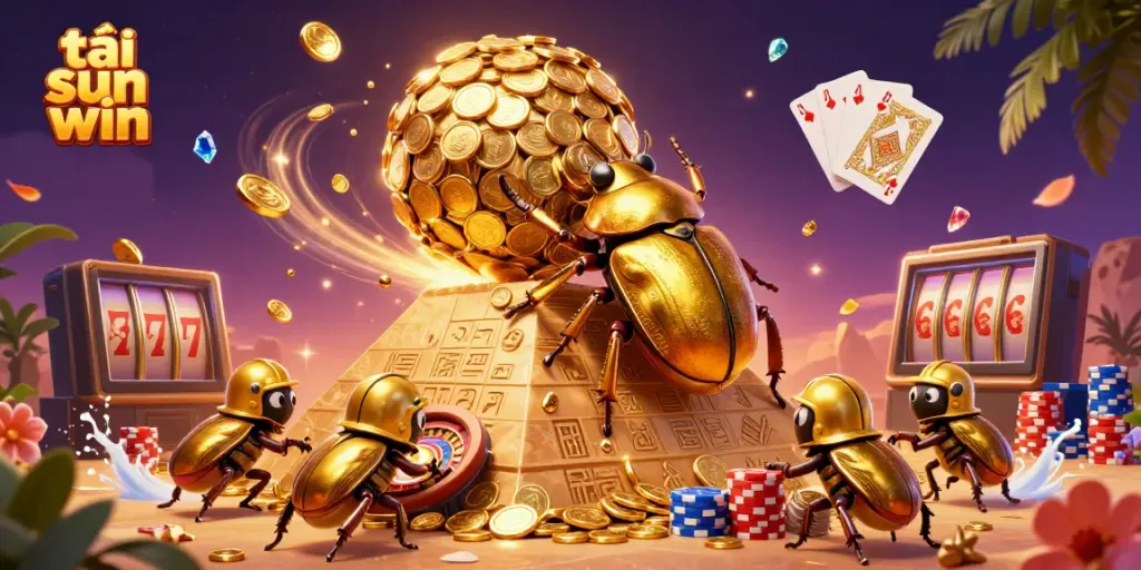 Win big with tải sun win illustrated by a golden dung beetle rolling coins.