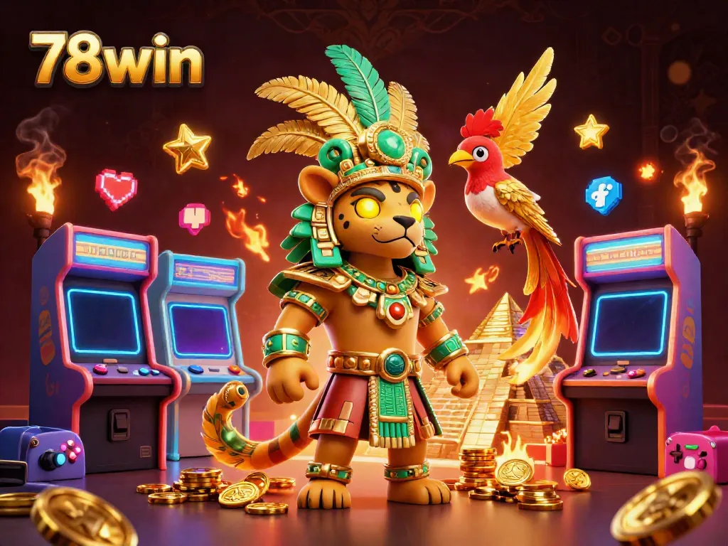 Play exciting games at 78win with the vibrant 3D illustration featuring colorful arcade elements and a Mayan character.