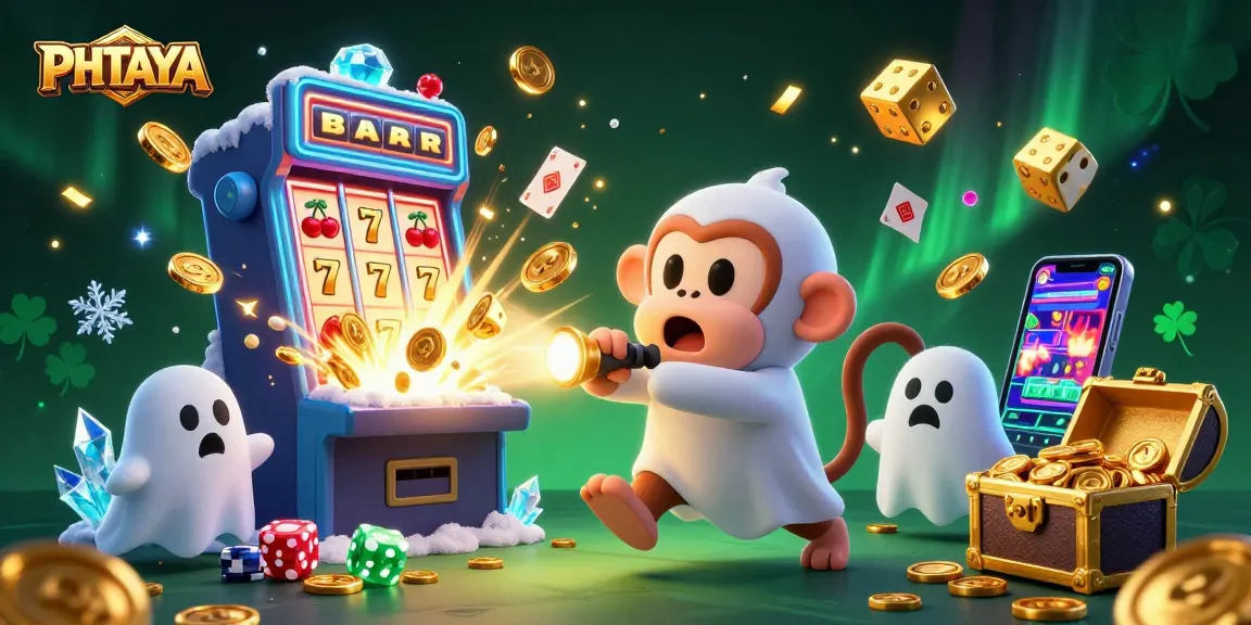 PHTAYA's thrilling gambling ambiance with a mischievous monkey and ghost-hunter puppy amid colorful slot action.