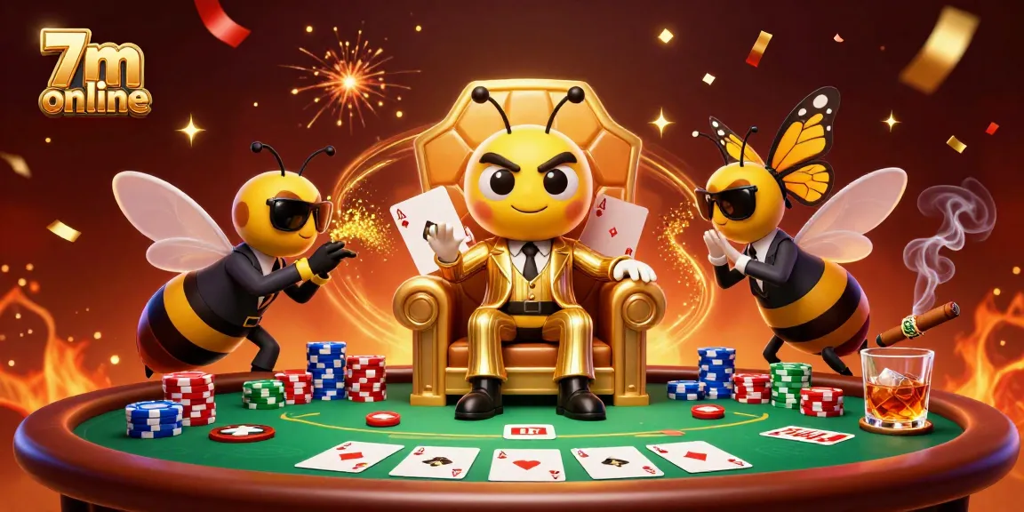 Engage with 7m online gaming action featuring a rich casino scene with cartoon characters and poker elements.