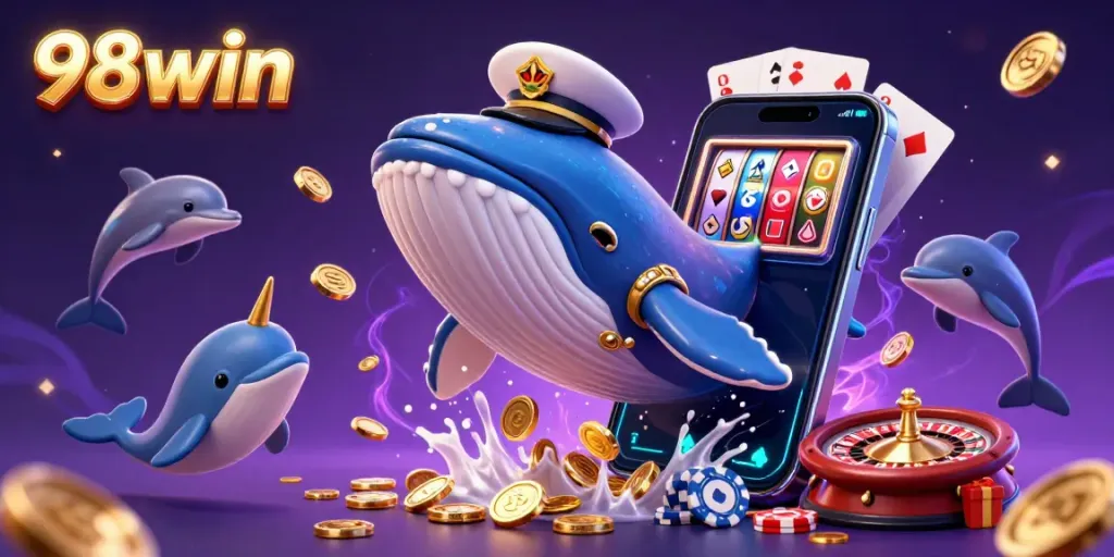 Experience thrilling gaming excitement with 98win's vibrant 3D casino scene featuring playful aquatic characters.