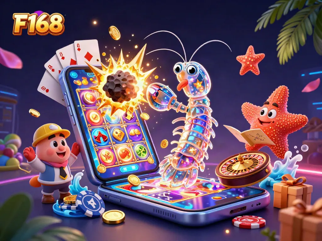 F168 casino adventure with vibrant samurai mantis shrimp breaking asteroids filled with gems and coins