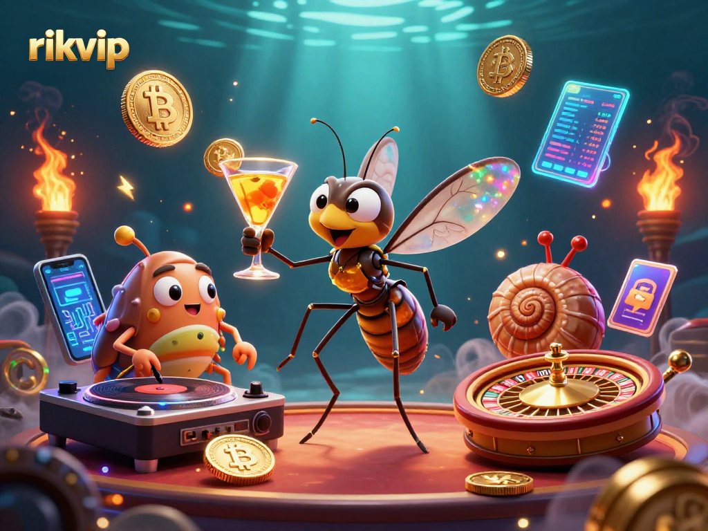 Engage with rikvip casino fun featuring a vibrant scene of unique characters and crypto elements.