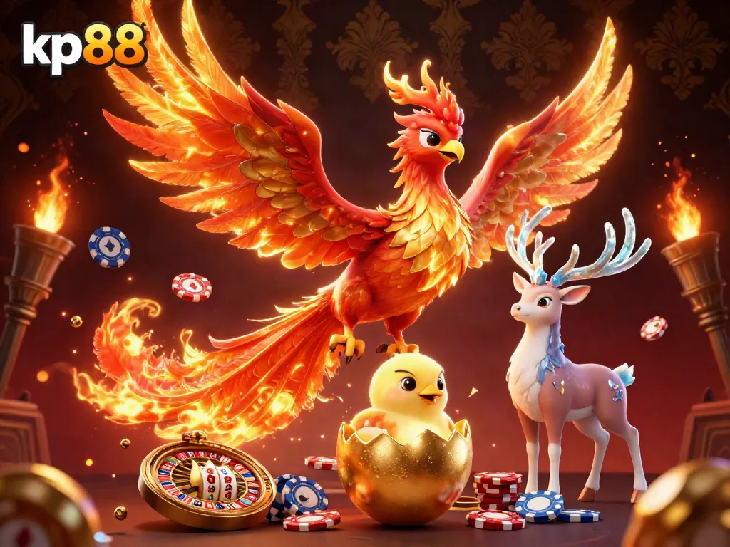 Experience thrilling gaming action at kp88 with a vibrant phoenix and casino elements in a charming 3D illustration.