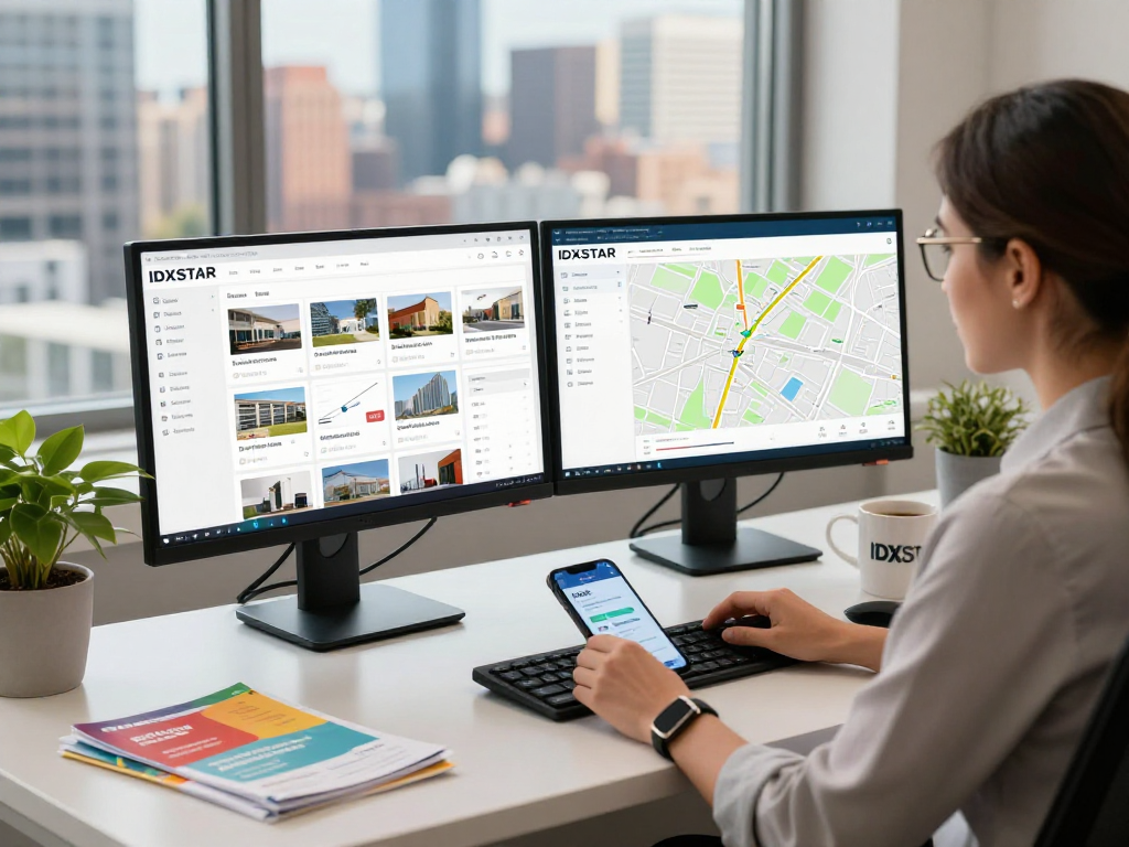 Real estate agent using IDXSTAR technology in a modern office