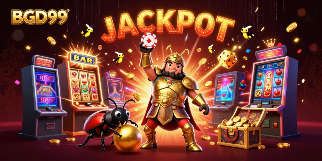 BGD99 provides a vibrant online casino experience with a beetle hero showcasing victory.