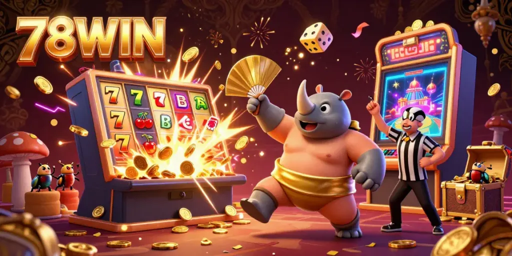 Catch the excitement of 78WIN with a 3D sumo beetle champion in a vibrant casino scene as coins fly in a jackpot!