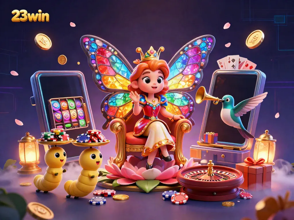 Experience the top-notch gaming excitement at 23win with vibrant illustration of a butterfly queen and casino elements.