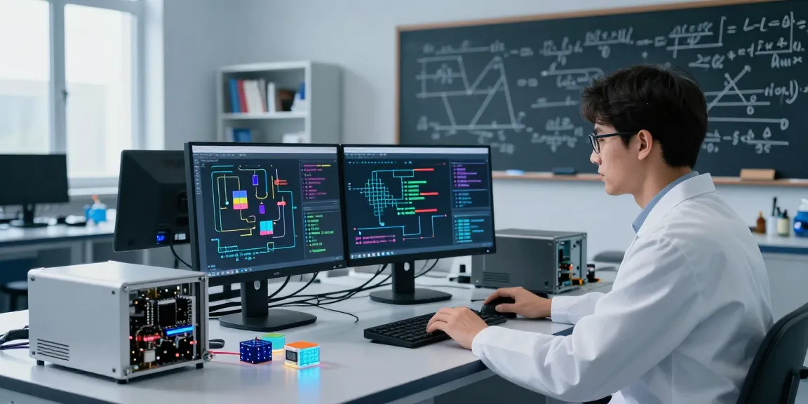 Researcher programming quantum computing algorithms in a modern lab with advanced technology.