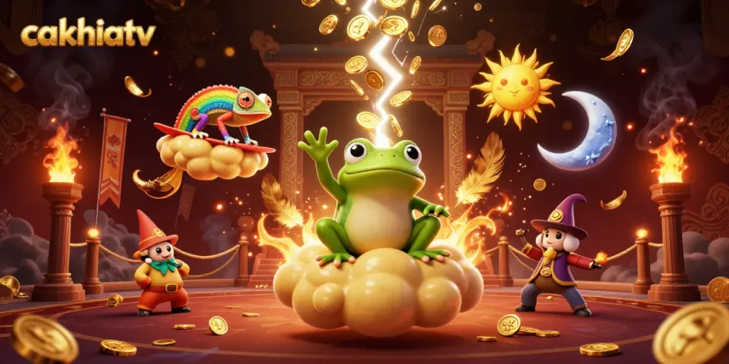 Cakhiatv showcases an exciting scene with a wizard frog storming coins, emphasizing thrilling gambling action.