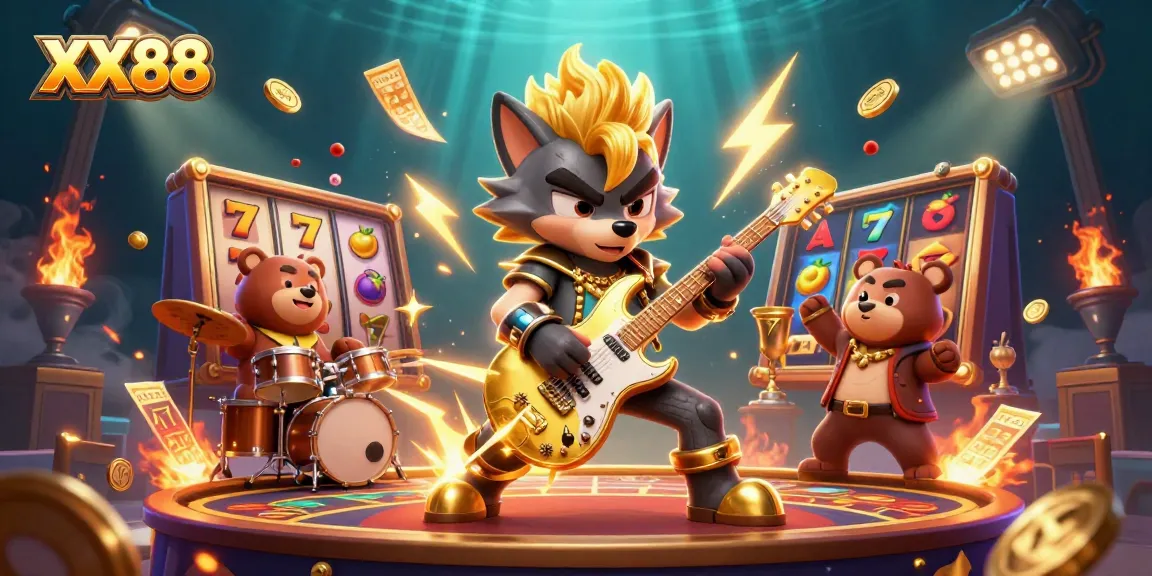 Experience the excitement of XX88 as a rock star wolf performs on stage at a vibrant casino.