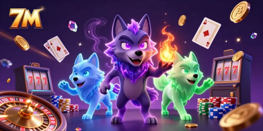 Bet on winning strategies with 7M in a captivating casino scene featuring shadow wolves and vibrant game elements.